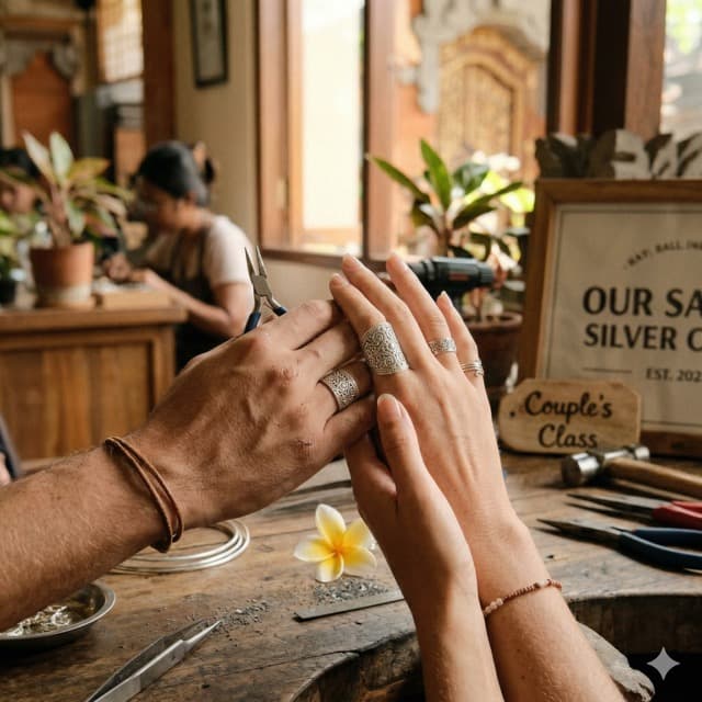 A couple crafting matching silver rings together in a Sanur silver workshop