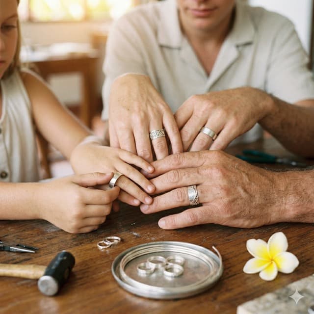 Family with children enjoying a jewelry making class in Sanur