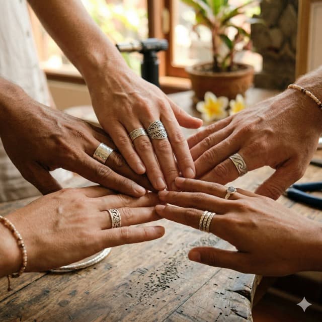 Group of friends at a silver workshop in Sanur, Bali