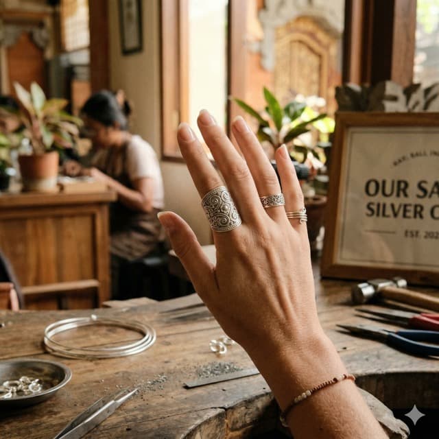 A guest shaping a silver ring at the workbench during a single silver class in Sanur